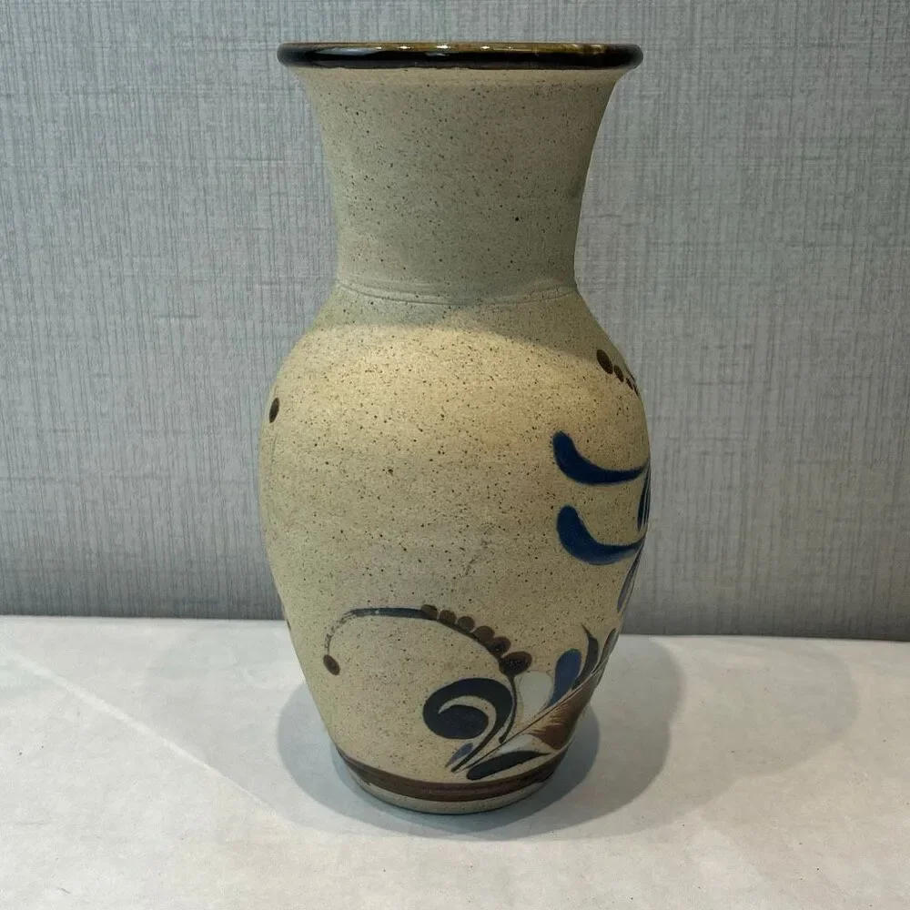 Tonala Pottery Vase Mexico Bird Flowers Folk Art Handmade Sandstone Beige Brown